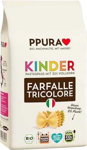 PPURA Bio Pasta Kinder Farfalle Tricolore 500g – Bio Farfalle Nudeln mit 32% Vollkornanteil, Made in Italy – Ohne Zucker, Zusatzstoffe & Farbstoffe, traditionell hergestellt & nachhaltig verpackt Bio Öko