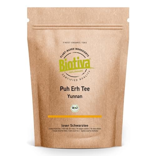 Puh Erh Tee Bio 100g - Schwarztee - Region Yunnan in China - Camellia Sinensis - dunkelbraune bis dunkelrote Tasse - aus kontrolliert biologischem Anbau - Biotiva Bio Öko Vegan
