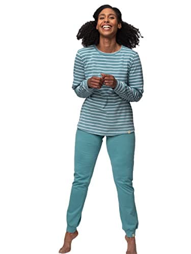 greenjama Damen Langarm-Shirt Ringel, GOTS-Zertifiziert Pyjamaoberteil, Topaz, 42 Bio Öko