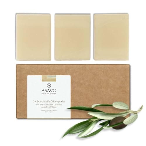 ASAVO Premium Olivenölseife, handgemachte BIO Seife mit extra-nativem Olivenöl, 100% Naturseife, Olivenseife ohne Parfümzusatz, vegan, 3x95g Bio Öko Vegan