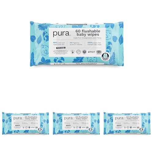 Pura Spülbare Öko-Baby-Feuchttücher für Empfindliche Babyhaut, 70 Tücher (1 Packung), 99% Wasser, 100% Plastikfrei, für Sensible, zu Ekzemen neigende Haut, Neugeborene, Biologisch Abbaubar, Vegan Bio Öko Vegan