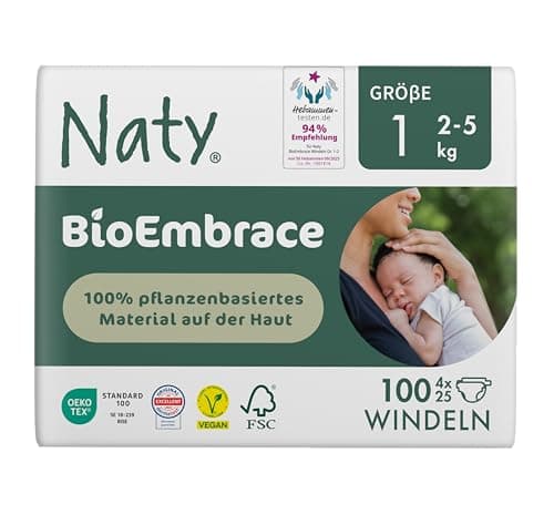 Naty BioEmbrace Neugeborenen Baby Windeln Größe 1 (2–5 kg) | 100% pflanzenbasierte Materialien auf der Haut | Atmungsaktive Weichheit, dermatologisch getestet, exzellente Saugkraft | 100 Stück Bio Öko Vegan