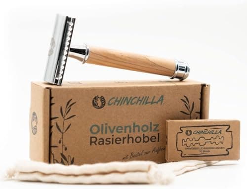 Chinchilla® Rasierhobel Olivenholz & Metall + 50 Rasierklingen | nachhaltiger Nassrasierer für Damen & Herren | inkl. Beutel | Zero Waste & plastikfrei Öko