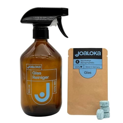Joaloka Glasreiniger Starter-Set – 4 Tabs für je 500 ml - inklusive refill Glasflasche – für streifenfreihe Glasoberflächen - vegan - ökologisch - ohne Microplastik – Made in Germany. Bio Öko Vegan