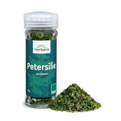 Herbaria Petersilie bio 8g Streuer – Bio Petersilie getrocknet in Bioland-Qualität – Bio-Kräuter - Bio-Gewürz – Bio-Küchenkräuter - Premium Bio-Qualität - im praktischen Glas-Gewürzstreuer Bio Öko Vegan