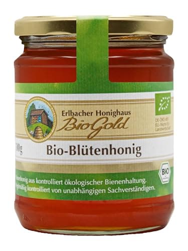 Erlbacher Honighaus BioGold Bio-Blütenhonig 500g flüssig - Aromatisch-vollmundiger und flüssiger Honig aus ökologischer Bienenhaltung (1 x 500g) (Die Verpackung kann variieren) Bio Öko