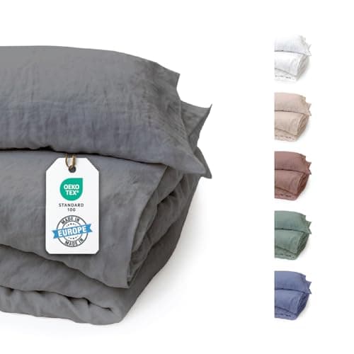 BLUE MOON Bettwäsche 155x220 Leinenbettwäsche [ÖKO-TEX] - 2teilig - 1 Bettbezug 155 x 220 + 1 Kissenbezug 80x80 cm - Luxuriöse Leinen Bettwäsche 100% Leinen - Made in EU - Stone Washed - anthrazit Öko