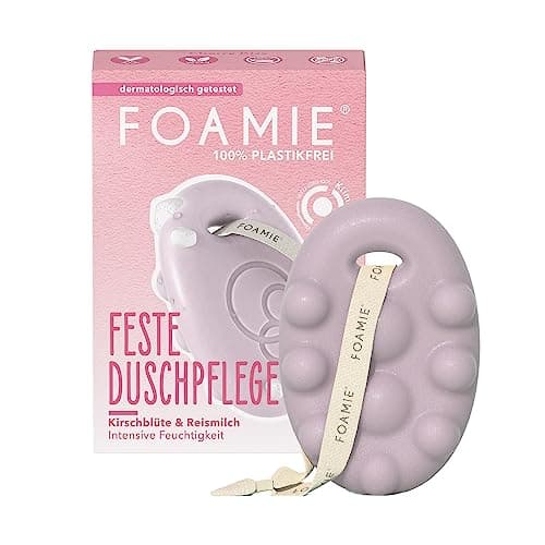 Foamie Festes Duschgel mit Kirschblüte & Reismilch, Reichhaltige Duschpflege Trockene Haut mit Massage-Effekt, Feste Dusche 100% Vegan, Plastikfrei, Silikonfrei, 80 g Öko Vegan