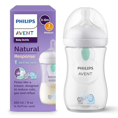 Philips AVENT Natural Response Babyflaschen – Babyflaschen mit AirFree Ventil, 260 ml, BPA-frei, für Neugeborene ab 1 Monat, Elefantenmotiv (Modell SCY673/81)