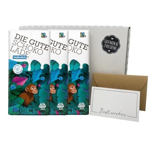 Die Gute Schokolade 3 Tafeln Geschenkset + Geschenkverpackung + Grußkarte Original Schweizer Milchschokolade Fairtrade