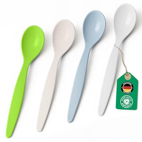 Bio Löffel 4er Set – 14 cm Mehrweglöffel BPA-frei, spülmaschinengeeignet & recycelbar – aus Zuckerrohr, leicht & schadstofffrei – ideal für Kinder, Picknick & Alltag – Made in DE - 4 Farben im Set Bio Öko Vegan