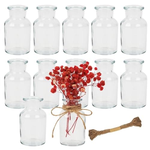 12 Stück Kleine Vasen,60ml Vasen Klein Tischdeko mit 10M Juteschnur,Glasvasen,Retro Design,geeignet für den Heimgebrauch,Hochzeitsdekoration,Geburtstag,Party Öko