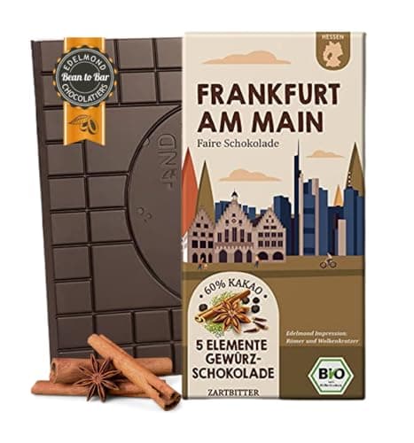 FRANKFURT AM MAIN – 75 g Bio Fair Trade Zartbitterschokolade mit 5 Gewürzen | Geschenk aus Frankfurt am Main | Regionale Stadtschokolade | Vegan & nachhaltig Bio Öko Vegan