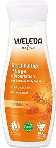WELEDA Bio Sanddorn Bodylotion - Naturkosmetik Körperpflege Lotion mit Arganöl & Sesamöl spendet bis zu 48h intensive Feuchtigkeit. Natürliche Körperlotion zur Pflege von trockener Haut (vegan, 200ml) Bio Vegan