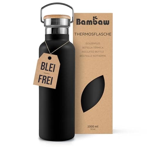 Bambaw Thermosflasche 1, Trinkflasche 1l Schwarz, Edelstahl Trinkflasche, Getränkeflasche 1 Liter, Bambus Isolierflasche, Thermotrinkflasche – Tiefschwarz Öko