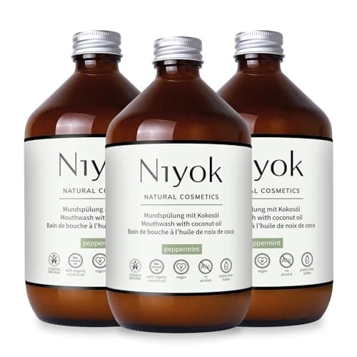 Niyok® Mundspülung mit Kokosöl "Pfefferminze" (3x500ml) • Antibakterielle Mundspülung Bio-Kokosöl • Ohne Fluorid & Ohne Alkohol • Für gesundes Zahnfleisch • Mundwasser gegen Mundgeruch Bio Öko Vegan