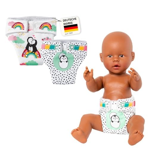 Heless 120 - Stoff-Windeln für Puppen im Pinguin Pünktchen Design, 2 Stück mit Klettverschluss, Größe 35 - 45 cm - Öko