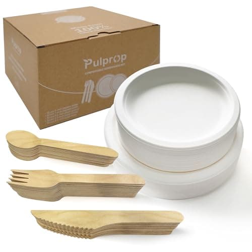 Pulprop 250 Stück Umweltfreundlich Biologisch Abbaubare Geschirr Set, Einweggeschirr Set, Natürliches Einweg Bagasse Teller-Set, Pappteller Messer Löffel Gabeln für Camping Grill BBQ Party 50 Personen Bio Öko