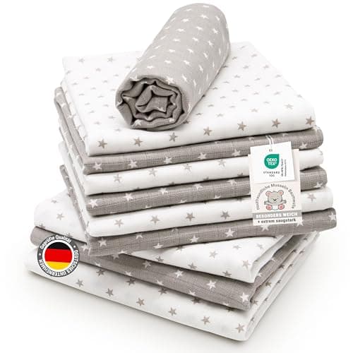 ZOLLNER 10er Set Musselin Spucktücher in 80x80 cm aus Baumwolle - hautfreundliche Mulltücher mit süßen Sternen - besonders weich und saugstark - waschbar bis 60°C - in grau weiß
