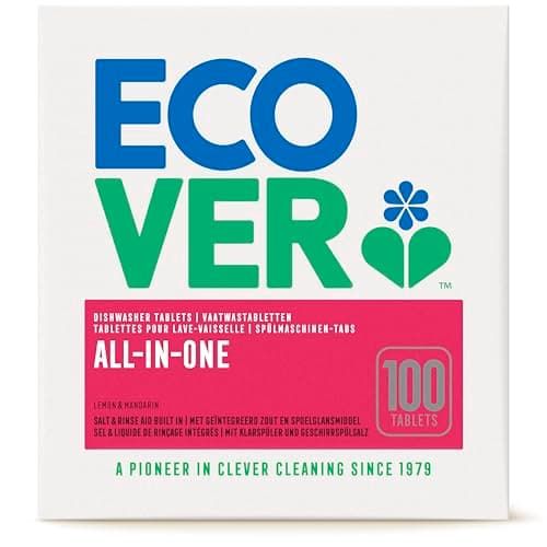 Ecover Spülmaschinentabs All-in-One, mit Geschirrspülsalz und Klarspüler, kraftvolle Reinigung, Mandarinen- & Zitronenduft, 100 Tabs Packung Bio Öko Vegan