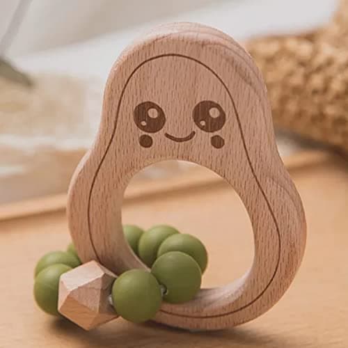 Avocado Beißring für Baby Natur Holz grün - Kauspielzeug, Zahnungshilfe für Jungen & Mädchen - Baby-Spielzeug Beissring als Geschenk zur Geburt - Holz-Spielzeug nachhaltig BPA-frei schadstofffrei Öko