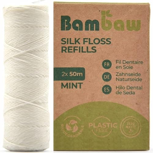 Bambaw Zahnseide Echte Seide | Dental Floss Biologisch | Abbaubare Zahnseide Gewachst | Zahnseide Floss | Zahnseide Nachhaltig | Zahnseide Bio | Natürliche Zahnseide | 2x50 Meter lang Bio Öko