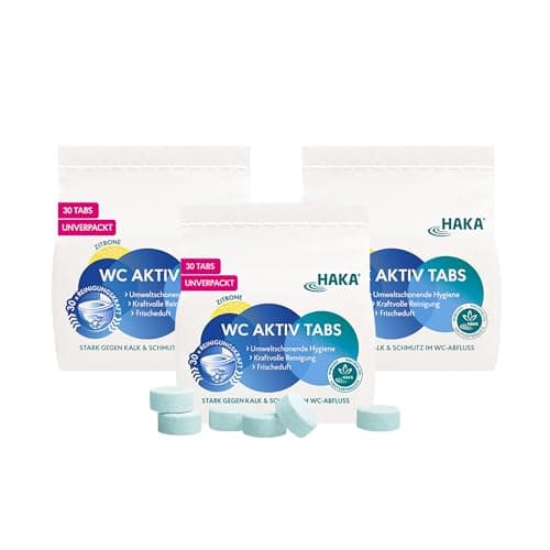 HAKA WC-Tabs, 3x 30 Stück, extra starke Toilettenreinigertabs gegen Kalk & Urinstein, für gründliche WC-Reinigung, umweltfreundlich, unverpackt, frischer Zitronenduft Bio Öko