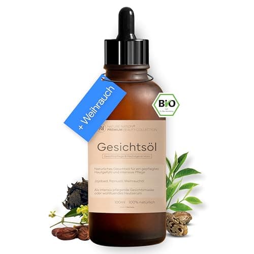 Bio Gesichtsöl mit Jojobaöl, Rizinusöl & Weihrauch – Glättet & Pflegt Trockene Haut – Anti Aging Pflege für Strahlenden Teint & Alle Hauttypen (100ml) Bio Öko Vegan