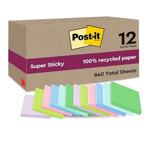 Post-it Super Sticky 100% Recycling Notes, 12 Blöcke, 70 Blätter pro Block, 47.6 mm x 47.6 mm, Pink, Grün, Blau, Violett, Gelb - Extra starke Haftnotizen aus 100% Recyclingpapier Öko