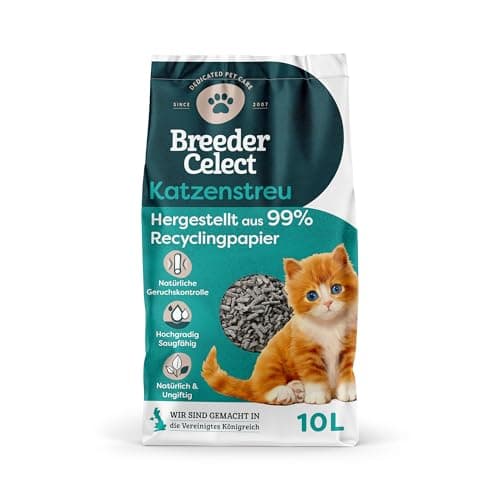 Breeder Celect Natürliches Katzenstreu (10L) - 99% Recyclingpapier, Saugfähige Katzenstreu Pellets, Optimale Geruchskontrolle, Nicht klumpend, Biologisch abbaubar & Kompostierbar Bio Öko