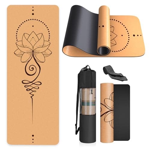 Kork-Yogamatte, rutschfest, einzigartiges Design, natürlicher Kork, TPE-Material, Fitness-Trainingsmatte mit Tragetasche und Gurt, für Zuhause, Pilates, Aerobic Fitnessstudio und Workout (183 x 61 cm) Bio Öko