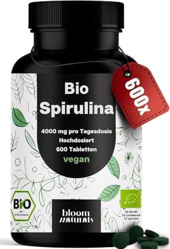 Bio Spirulina Presslinge Hochdosiert - 600 Tabletten (500mg) - 4000 mg pro Tagesdosis, Bio-Algen aus kontrolliert biologischem Anbau, Vegan & Produziert in Deutschland - Laborgeprüft Bio Öko Vegan