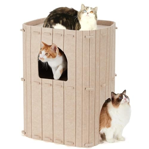 FUKUMARU Katzenhöhle,Stabile Katzenhöhle aus hochwertigem Filz,Katzenhaus Indoor 3 Schicht Katzenbett ,Katzen Höhle zum Schlafen, Spielen und Verstecken,Filzhöhle beige,45 x 37 x 60cm,Groß