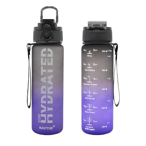 NAVTUE Trinkflasche, 500ml Wasserflasche BPA-frei, Zeitmarkierungen, Auslaufsicher Sport trinkflasche für Fitness, Radfahren, Büro, Laufen, Fitnessstudio, Yoga (SchwarzBlau Schnelltrink 500ml) Öko