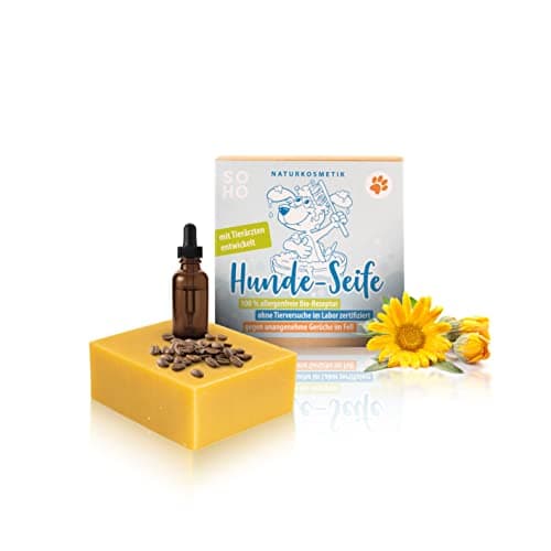 SOHO Naturkosmetik Hundeshampoo sensitiv, vegan (110g) • Shampoo für Hunde & Welpen • Natürliche Fellpflege • Hundeseife mit Ringelblume Öko Vegan