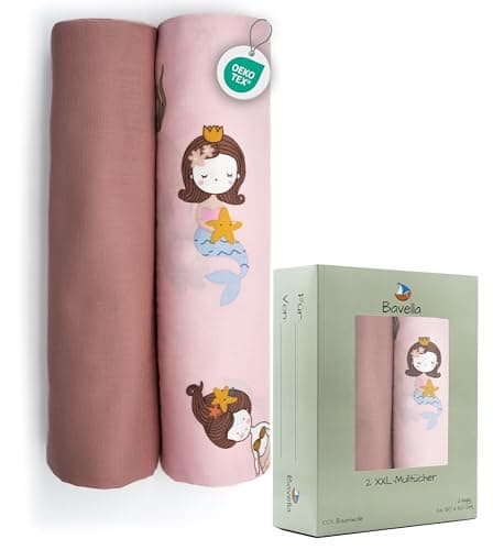 Bavella - 2er Set XXL Musselin Baby Decke & Tuch (ÖKO-TEX Zertifiziert) 100% Baumwolle (120x120cm) - Spuck-Tücher, Pucktuch & Musselin-Tuch für Jungen & Mädchen, Mulltücher Mullwindeln nachhaltig Öko
