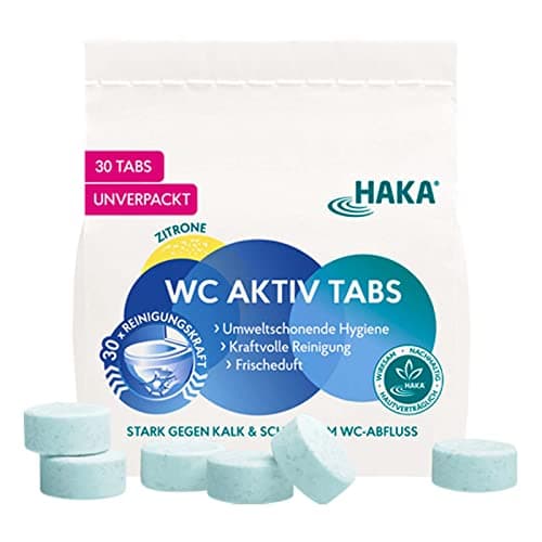 HAKA WC-Tabs, 30 Stück, extra starke Toilettenreinigertabs gegen Kalk & Urinstein, für gründliche WC-Reinigung, umweltfreundlich, unverpackt, frischer Zitronenduft Bio Öko