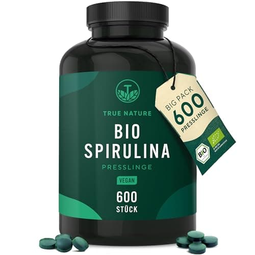 Bio Spirulina Presslinge – 600 Tabletten (500 mg) – 4.000mg hochdosiert – Bio-Algen aus kontrolliert biologischem Anbau – Vegan – TRUE NATURE® Bio Öko Vegan