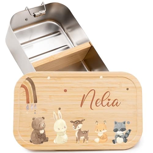 Kidsmood - Personalisierte Brotdose Kinder mit Fächern, Edelstahl Lunchbox mit Bambusdeckel | Schadstoffrei bedruckt, mit niedlichem Tier-Motiv & Namen, Geschenke zur Einschulung Mädchen & Jungen Öko
