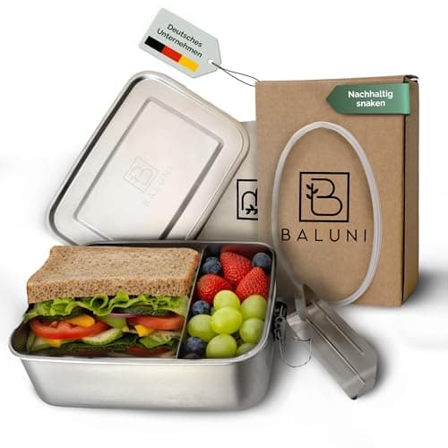 Baluni® Premium Edelstahl Brotdose – Nachhaltige & plastikfreie Lunchbox mit Trenner, Ersatzdichtung & Transportsack | Langlebige Metall Brotbox für Schule, Arbeit & unterwegs (1000 ml) Öko
