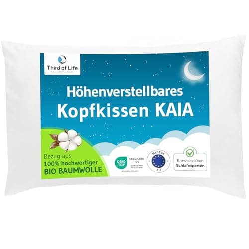 Höhenverstellbares Kissen 40x60, Bezug aus Bio-Baumwolle - made in EU, Ergonomisches Kopfkissen 40 x 60 cm, Polster für Seitenschläfer, Rückenschläfer, Bauchschläfer, Nachhaltiges Schlafkissen KAIA Bio Öko