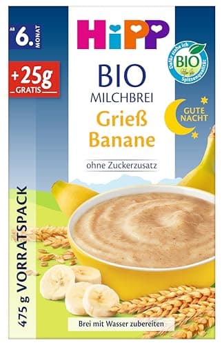 HiPP Bio Milchbrei Gute-Nacht Grieß Banane (4 x 475g), ab 6. Monat, ohne Zuckerzusatz Bio
