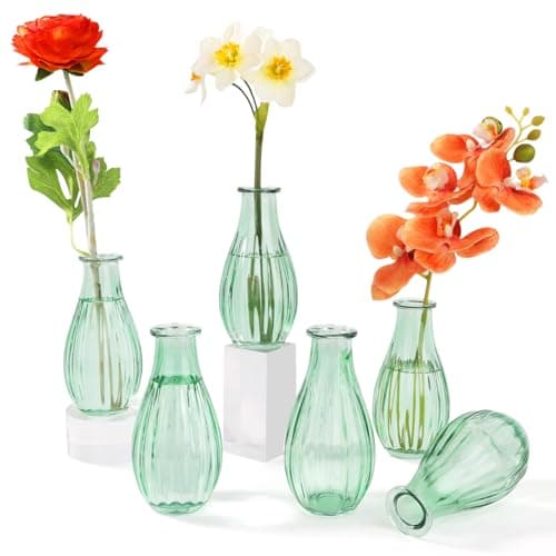 Otauoaea Kleine Glasvasen,6er Set Glasvase Klein Vasen für Tischdeko Hochzeit, 220ml Vintage Stil Deko Vasen Set, Mini Glasvasen für Tischdeko Zuhause Hochzeiten Geburtstage Feste, Spülmaschinenfest