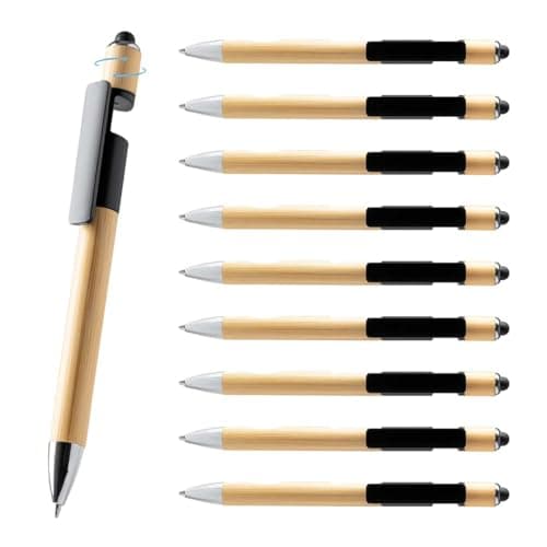 WPRO Bambus Kugelschreiber 10er Set HERO 3in1 mit Touchpen, Fidget & Smartphone-Halter – Anti-Stress Stift nachhaltig für Büro, Schule & unterwegs Öko