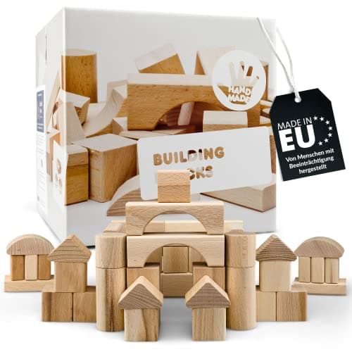 R.u.M. Toys Holzbausteine 50 Teile - 100% natürliche BAU Klötze - handgefertigte Bauklötze aus europäischem Buchenholz - Premium Holzspielzeug - nachhaltige Bauklötze Holz Bio Öko