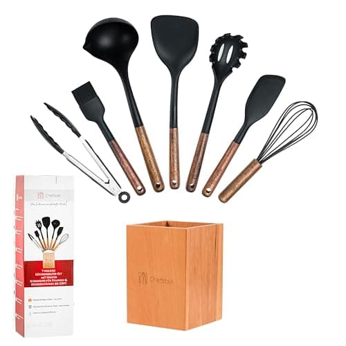 Chefstair® Küchenhelfer Set – 7-teilig | Nachhaltig & BPA-frei | FSC-zertifiziertes Akazienholz & Hitzebeständiges Silikon | Anti-Kratzer & Spülmaschinenfest | Perfekt für Pfannen & Töpfe Öko