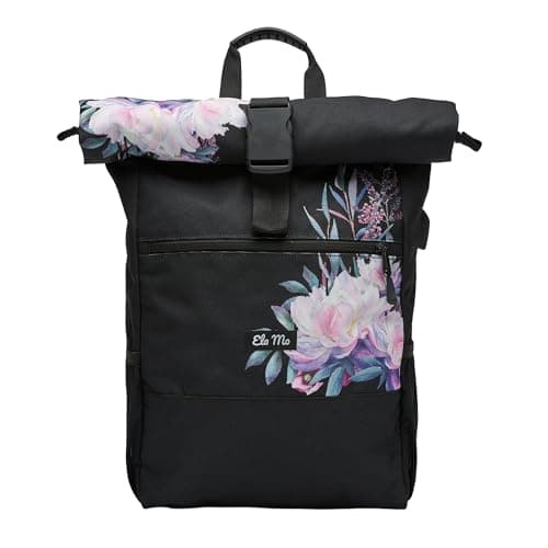 Ela Mo Rucksack Damen - Rolltop schön u. durchdacht - Laptop Rucksäcke für Frauen - Anti Diebstahl Tasche für Schule, Uni, Business (Beauty in Darkness)