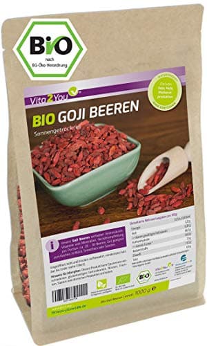 Vita2You Bio Goji Beeren 1kg Zippbeutel - ungeschwefelt - Ökologischer Anbau - Wolfsbeeren - 1000g - Premium Qualität Bio Öko Vegan