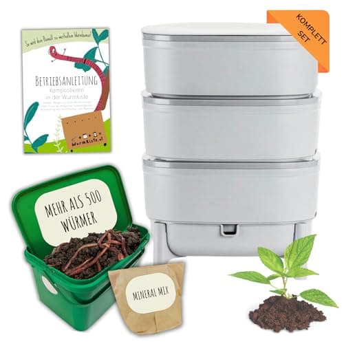 Wurmbox Komposter mit 3 Etagen | Wurmkomposter Starterset inkl. 500 Kompostwürmer Bio