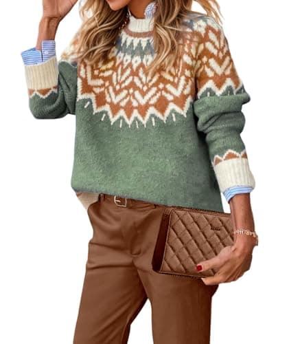 EARKOHA Lässiger Damen-Pullover mit Stehkragen, gerippt, Herbst 2025, langärmelig, bedruckt, Fair Isle-Pullover, Hellgrün, X-Groß Öko